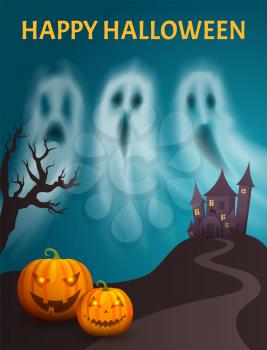 Happy Halloween spooky old castle standing on hill poster with text vector. Pumpkin glowing with candle inside and dry trees by road. Ghosts floating