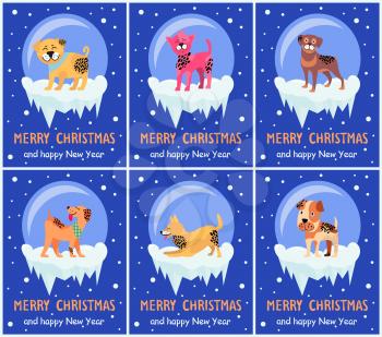 Merry Christmas and Happy New Year festive posters with dogs inside glass bubbles with bottom covered with ice cartoon vector illustrations set.