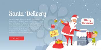 Santa Christmas and fast delivery of best presents. Claus throwing presents in chimney. Cartoon Santa and dwarf standing on roof of house, gnome gives gift box. Holiday vector web banner.