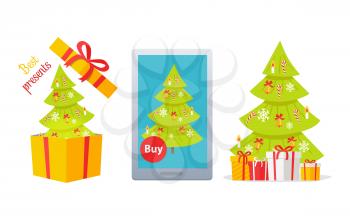 Set of winter holidays presents vector concepts with Christmas tree. Decorated spruce in giftbox, on tablet screen and with wrapped gifts flat vector illustrations isolated on white background