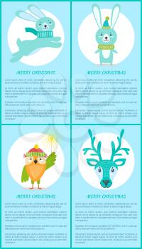 Merry Christmas set of posters with smiling animals dressed in warm clothes with sparklers. Vector illustration posters with text on blue background