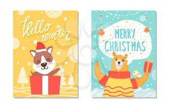 Hello winter and be merry posters, icons of trees and snowflakes used as decoration and images of puppy and rabbit isolated on vector illustration
