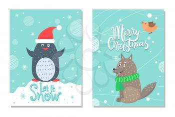 Merry Christmas let it snow 60s theme postcard with penguin with red hat and wolf dressed in green scarf. Vector illustration with animals surrounded by snow