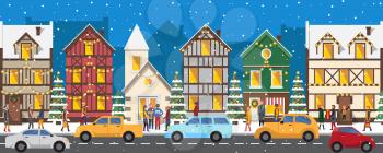 Row of houses decorated with luminous garlands beside road full of cars and people on street exchange Christmas presents cartoon vector illustration.