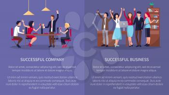 Successful business and company two posters with people having party at club or office. Background of vector illustration is purple