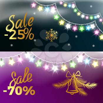 -25 and -70 sale New Year theme with colorful garland, snowflakes and bell. Vector illustration of holiday discount on black and purple background