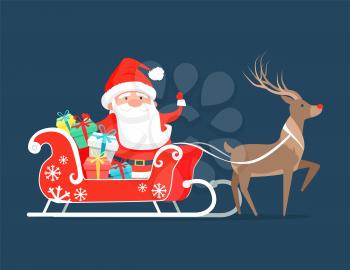 Santa Claus on sledge with reindeer and presents decorated by bright ribbon bows. Vector illustration of Cristmas symbol on dark blue background