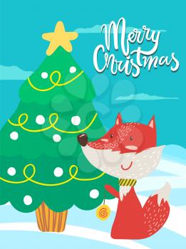 Merry Christmas poster congratulation from fox playing yo-yo near decorated xmas tree outdoors. Vector smiling animal with colorful toy on greeting card