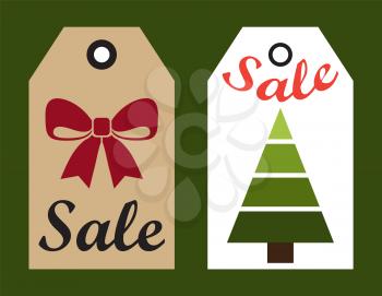 Sale New Year labels set with hole to hang on, Christmas tree without decoration and red ribbon isolated on vector illustration in flat style