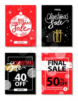 Winter sale on everything, final Christmas offer, holiday discount, banners with image of ball and present with bow, titles on vector illustration