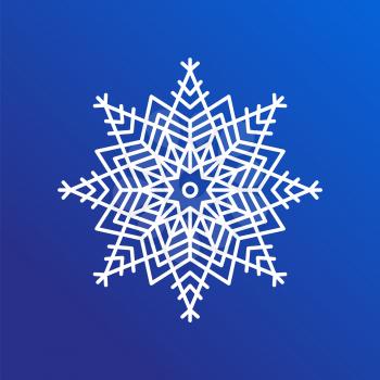 Snowflake single icon in details, closeup of ice crystal with geometric shapes of circle, lines and triangles, vector illustration isolated on blue
