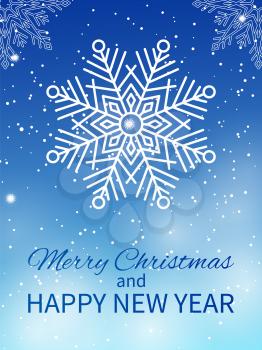 Merry Christmas and Happy New Year cover design snowflake created from ornamental patterns with geometric elements vector illustration isolated on blue