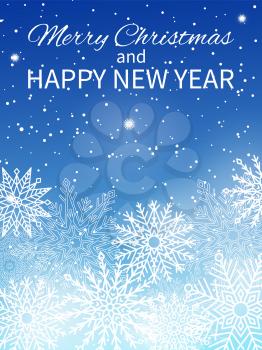 Merry Christmas and happy New Year promotional poster with headline in calligraphic font and snowflakes with snow isolated on vector illustration
