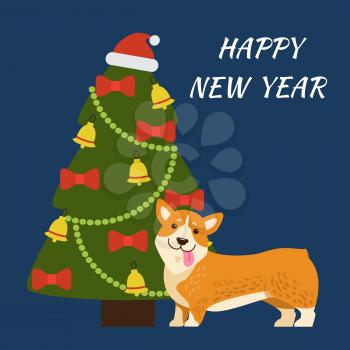 Happy New Year banner representing tree decorated with hat of Santa Claus, garlands and bows with bells, image of dog isolated on vector illustration