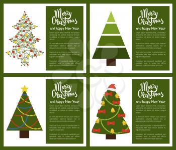 Merry Christmas Happy New Year poster with abstract spruces with decor and without decorations, topped by hat or star vector Xmas tree symbols
