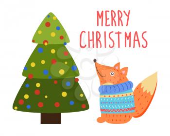 Merry Christmas greetings from cartoon fox or squirrel in sweater sitting under decorated by color balls Christmas tree vector illustration postcard