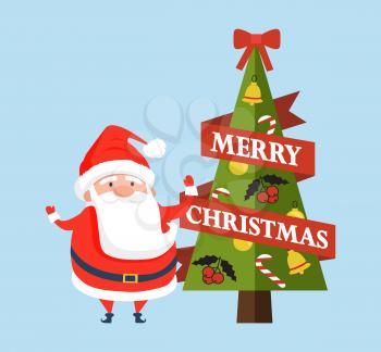 Merry Christmas postcard with cute Santa Claus wishing Happy New Year, man in warm red cloth, fairy tale cartoon character vector greeting card design