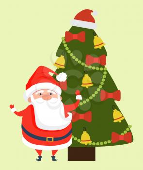 Congratulations from Santa Claus wishing Merry Christmas and Happy New Year, man in warm cloth, fairy tale cartoon character vector greeting card design