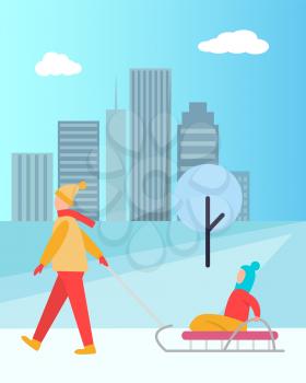 Father carrying child on sledge vector isolated on background of skyscrapers. Winter activities of dad with girl or boy sitting in sleigh in city park