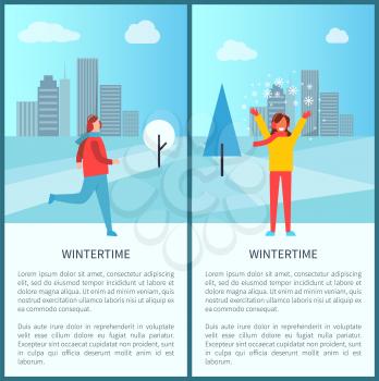 Wintertime activities in park poster with running man and happy smiling woman playing with snow. Vector illustration with people in winter urban park