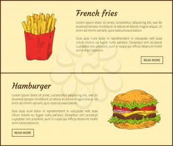 French fries in package and hamburger made of onion, ham and cheese with salad leaves. Fast food set served dishes high in fat vector illustration