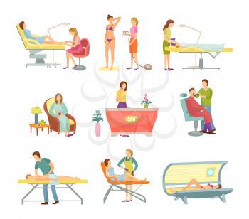 Spa salon pedicure and barber shop procedures isolated icons vector. Receptionist on reception, massage and masseur, tanning process and cosmetician