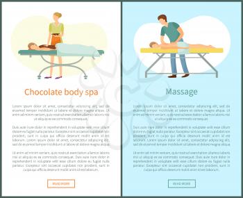 Massage and chocolate body spa procedures made by masseur. Client lying on table and relaxing vector web poster. Beauty salon services for health care