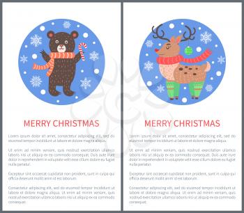 Animal set of icons bear in scarf and deer in green socks, images in circles with snowflakes vector illustration posters with place for text