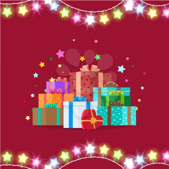 Garlands and giftboxes, star-shaped glowing decorative elements at top and bottom, presents in picture centerpiece on vector illustration