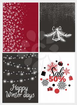 Happy winter days sale half price, fifty percent discount vector illustration backgrounds with bell and feathers and snowflakes and text