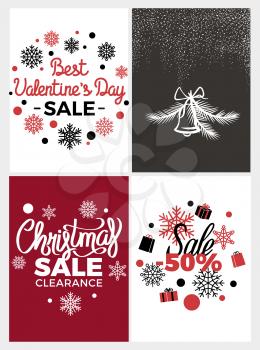 Best valentines day and christmas clearance sale vector illustration on white, black and red backgrounds with big snowflakes and christmas bell.