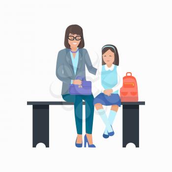 Mother and daughter waiting on bench isolated on white background. Vector illustration with woman with purse and girl with school bag