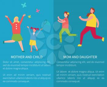 Mother and child catching butterflies and mom with daughter running or jogging vector illustrations with text isolated on blue posters with text