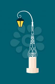 Picture consisting icon of glowing lantern with decorated white stand at night made of iron vector illustration isolated on blue background