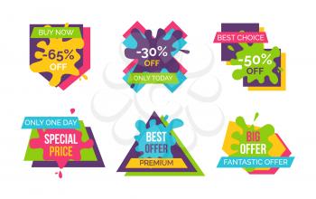 Buy now and best choice, fantastic offer only today, stickers and labels with blots, ribbons and geometric shapes with text vector illustration