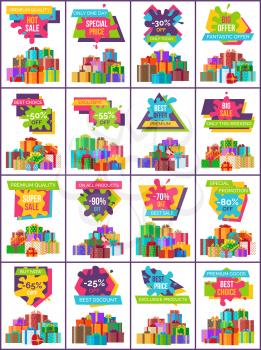 Heaps of present boxes with ribbons and bows on promotional posters of big sale for premium goods isolated cartoon vector illustrations set.