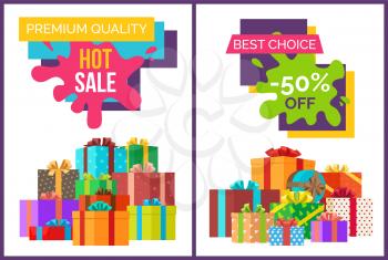 Hot sale for premium quality products promotional posters with gift boxes with bows and ribbons isolated vector illustrations set.