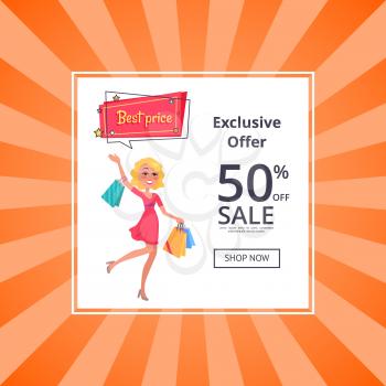 Exclusive offer 50 percent sale poster with online button shop now and woman with shopping bags in hands, dressed in red gown, vector illustration