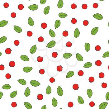 Cartoon wild red berries with green leaves seamless pattern isolated on white background. Wallpaper design of vector illustration with juicy fruits. Wild forest plant growing on bushes endless texture