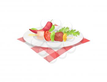 Kebab on plate vector badge in cartoon style. Roast piece of meat with sliced vegetables on wood skewer, pepper pods and herbs in dish on tablecloth
