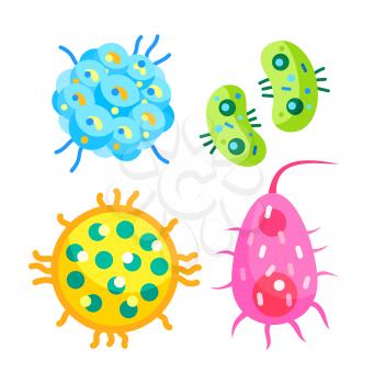 Bacteria virus cells, microbes vector icons. Colorful microorganisms with long tails, organelles and flagella, double and unicellular germs isolated