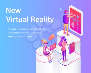 New virtual reality poster vector with text. People traveling, in time and space using vr goggles and innovative technologies of modern digital world
