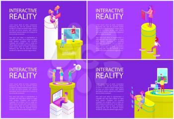 Virtual interactive reality posters with text sample. People using laptops and phone gadgets woman and man with vr goggles. Male playing tennis vector