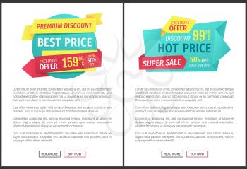 Big sale, mega discount and hot price advertising phrases banner set with text. Special exclusive offer landing page sample for shops and stores e-commerce.