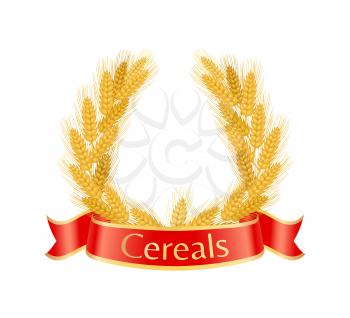 Cereal wheat wreath poster with swirl curved ribbon. Red banner agricultural crop branches food harvesting. Organic raw product isolated on vector