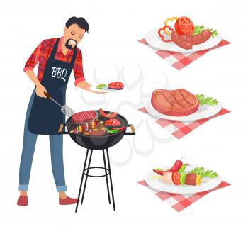 BBQ barbecue man grilling meat on grille grid. Male wearing apron serving roast beef. Brochette and skewer with vegetables, served dishes icons vector