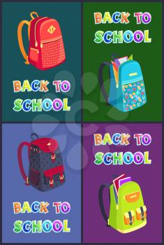 Back to school posters set with backpacks of different types. Bag with notebook and pencil heart and ruler print on satchel rucksack schoolbag vector