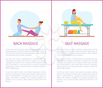 Back and self medical massage cartoon vector posters set.. Girl sitting on couch and massaging own leg, worker helps woman to stretch muscles sit on rug