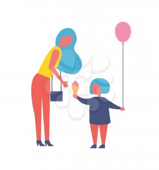 Mother with daughter in entertainment park cartoon vector icon. Woman with bag bought ice cream and balloon with helium for child, have fun outdoor