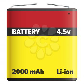Pack li-ion or lithium-ion battery LIB with metal ends isolated on white. Vector illustration of rechargeable battery in flat design yellow and red colors in which lithium ions move during charge